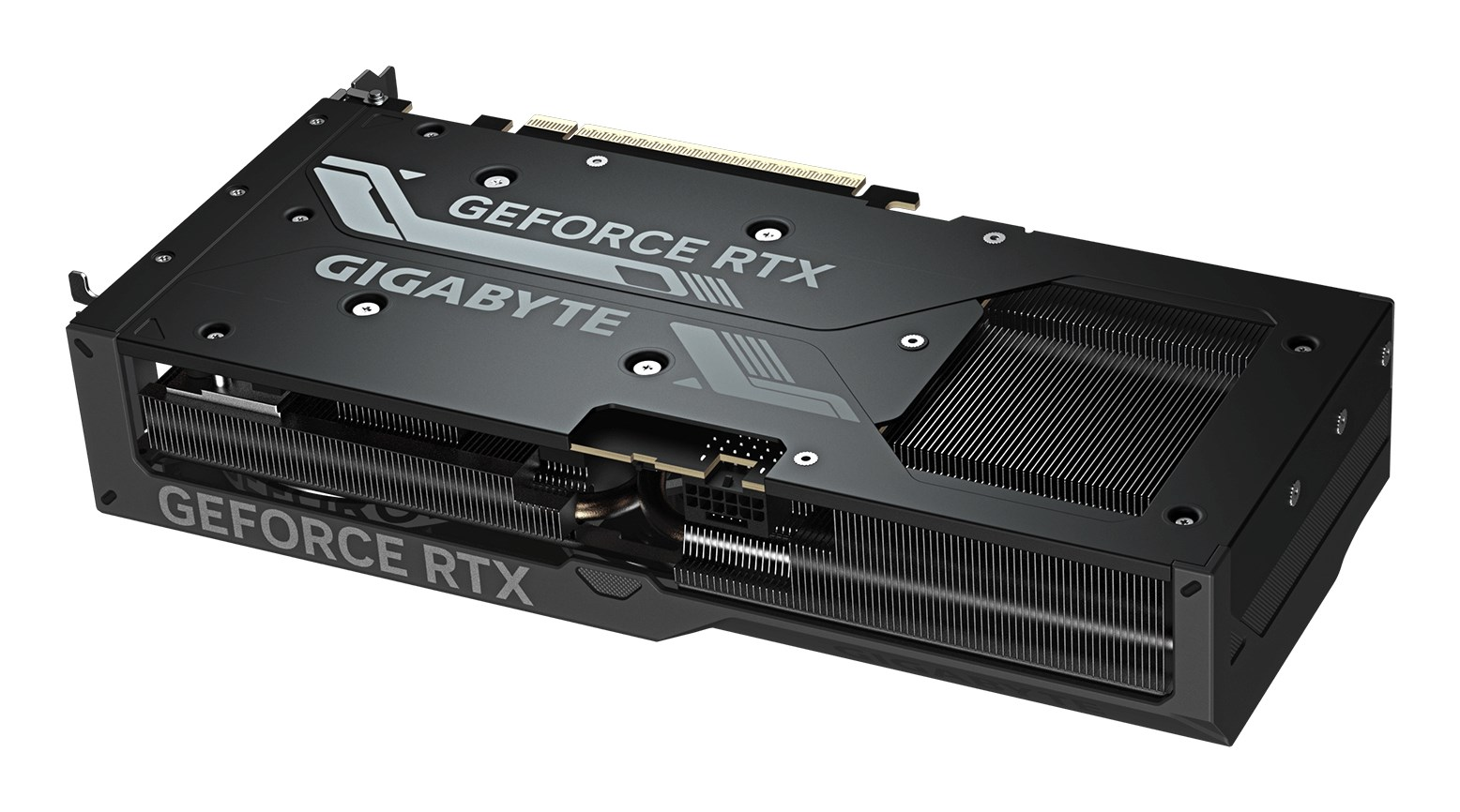 Schwarze Gigabyte GeForce RTX Grafikkarte mit weißer Schrift und Kühlrippen auf weißem Hintergrund.
