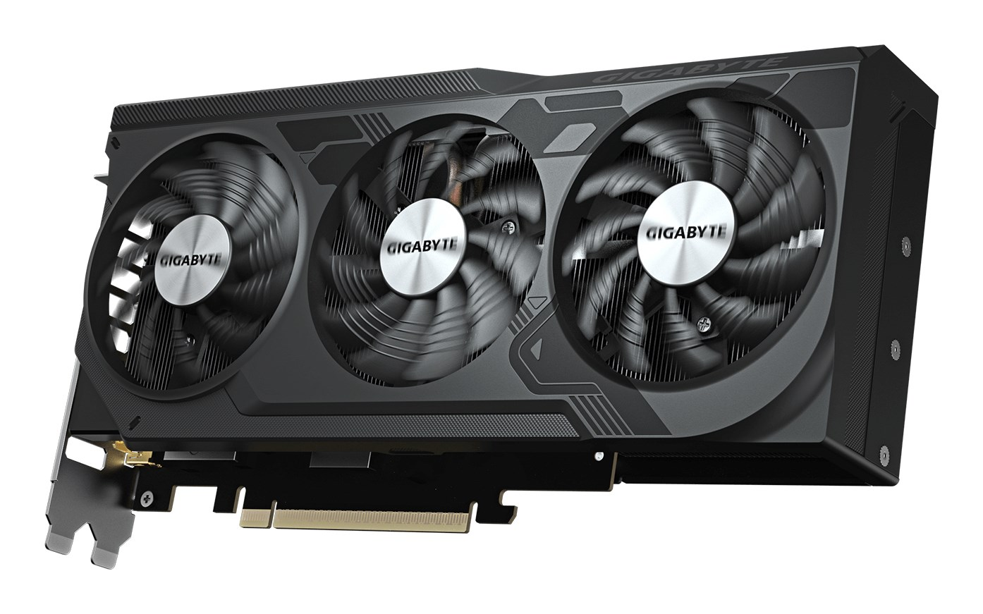 Schwarze Gigabyte-Grafikkarte mit drei Lüftern und goldener PCIe-Schnittstelle.