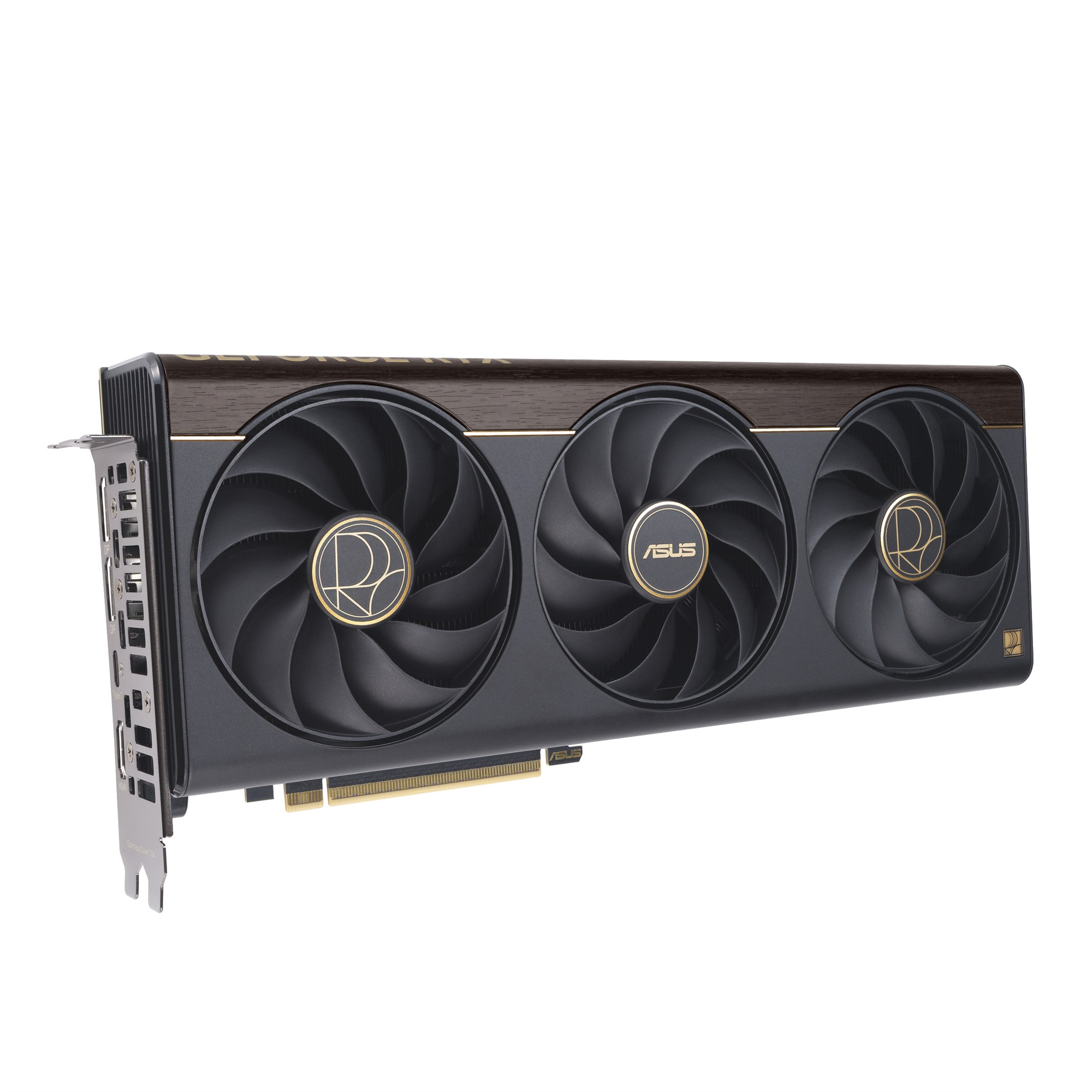 Schwarze ASUS-Grafikkarte mit drei Lüftern und Holzakzenten oben auf weißem Hintergrund.