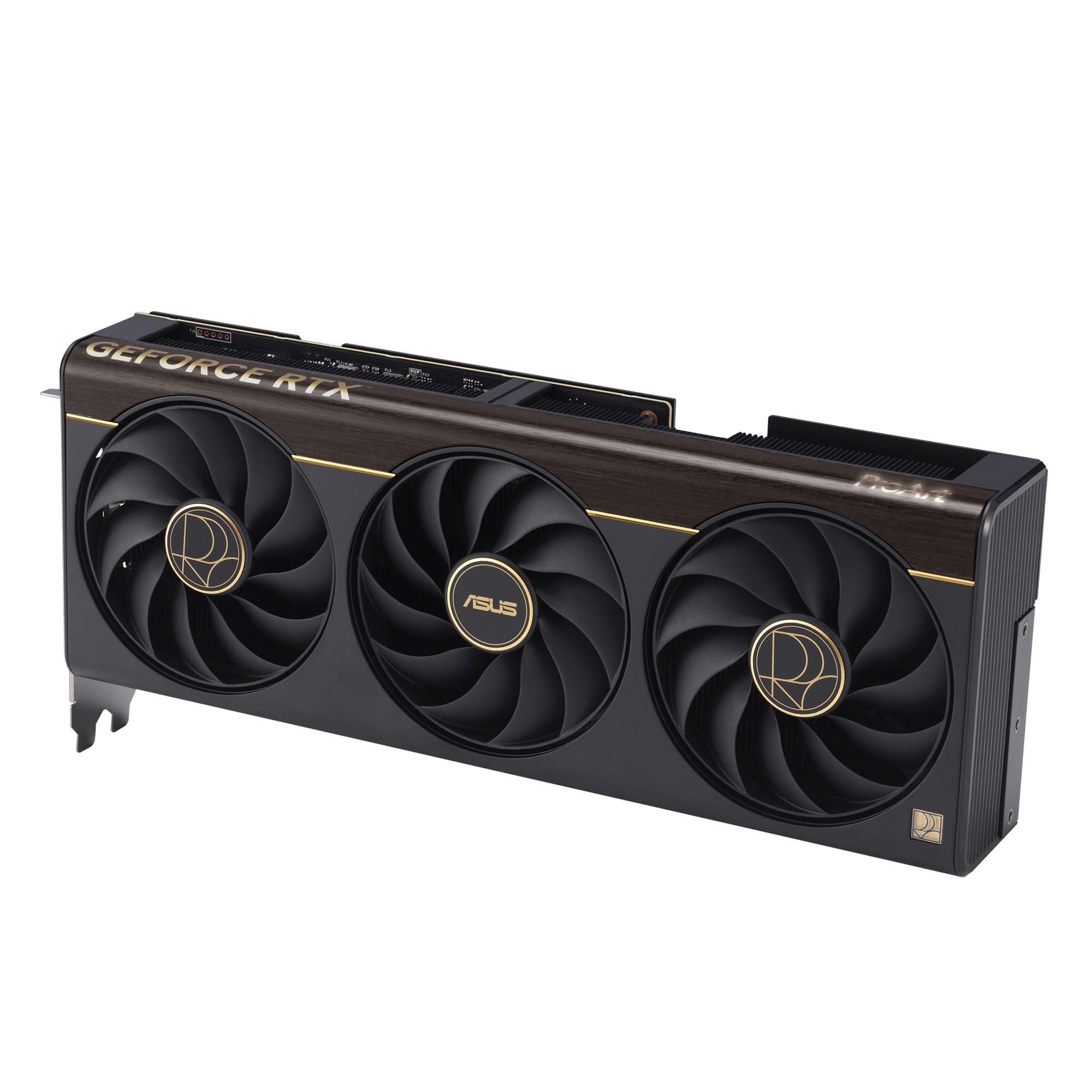 Eine schwarz-goldene ASUS-Grafikkarte mit drei Lüften, Holzmaserung oben und GeForce RTX Aufschrift auf weißem Hintergrund.