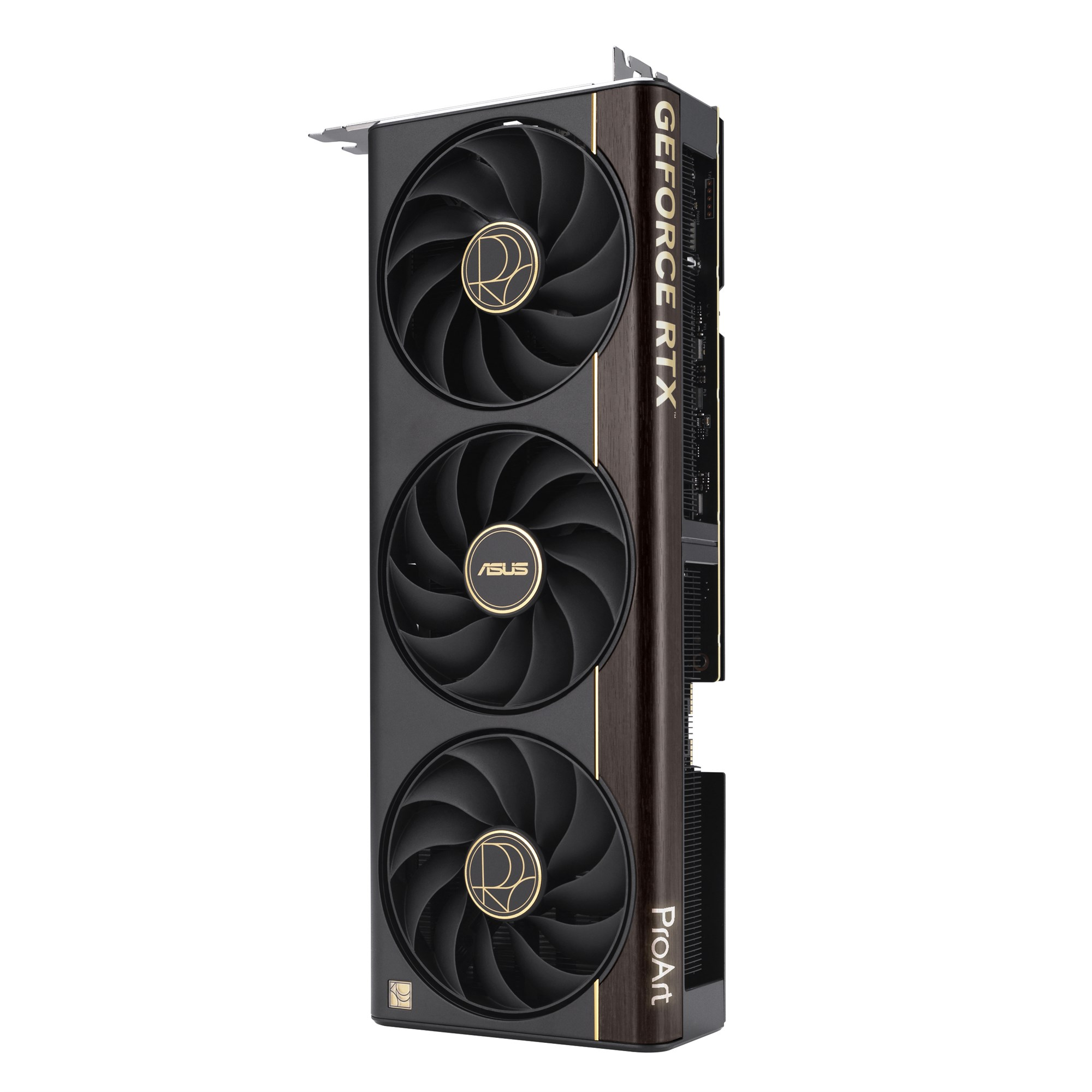 Eine schwarze Asus ProArt Grafikkarte mit drei schwarzen Lüftern und goldenen Akzenten auf weißem Hintergrund.