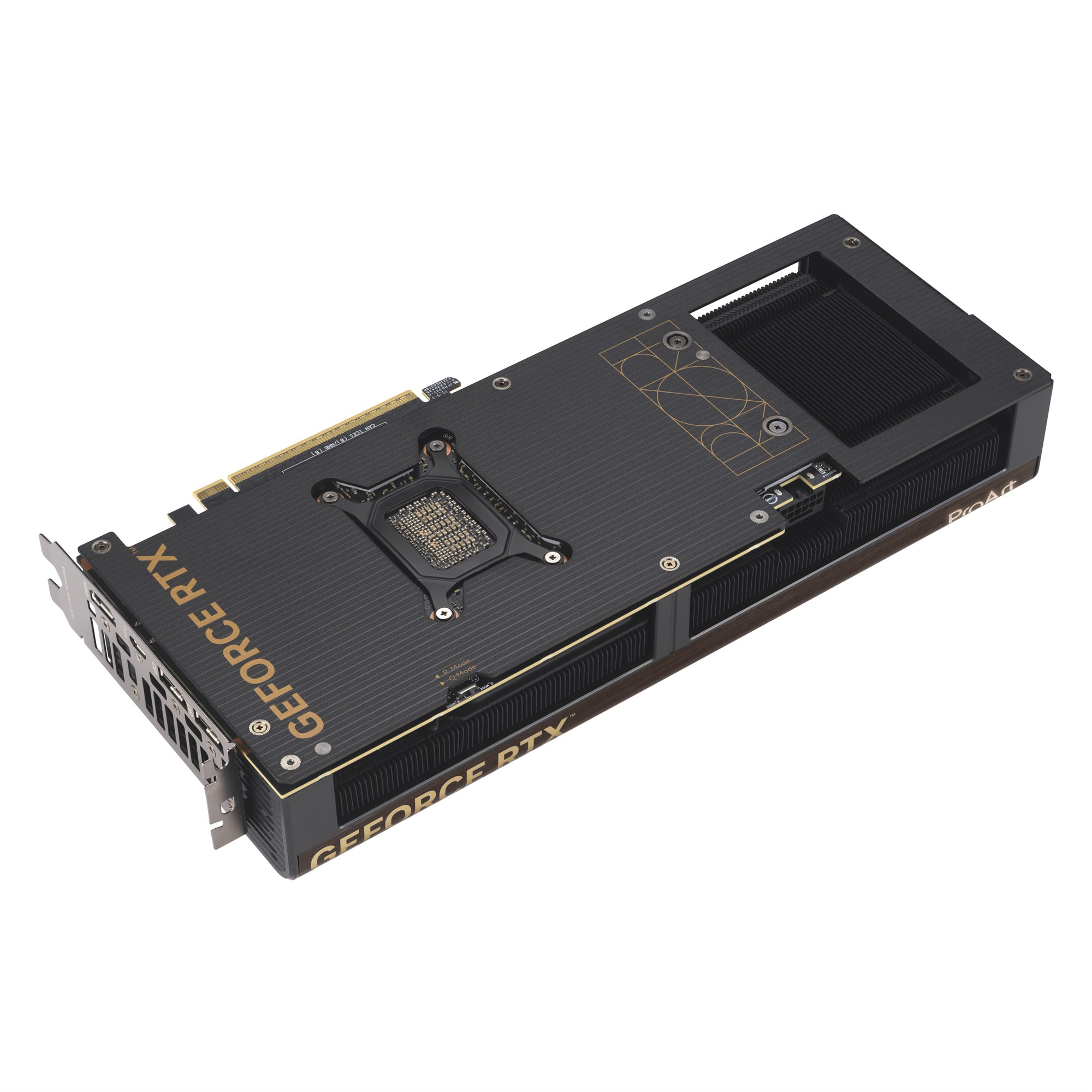 Eine schwarze GeForce RTX ProArt Grafikkarte mit goldenen Akzenten und Kühlrippen auf einem weißen Hintergrund.