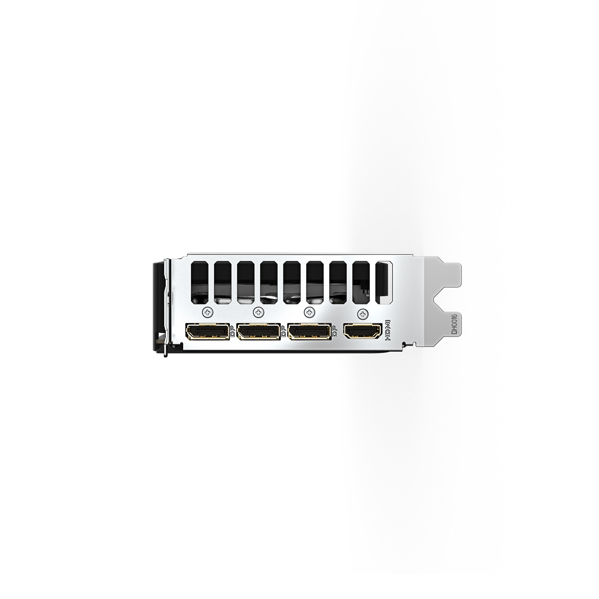Panel trasero de una tarjeta gráfica con tres puertos DisplayPort y uno HDMI.