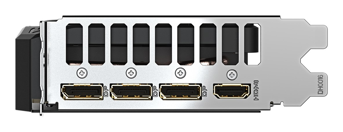 Rückseitiges I/O-Panel einer Grafikkarte mit drei DisplayPort- und einem HDMI-Anschluss.