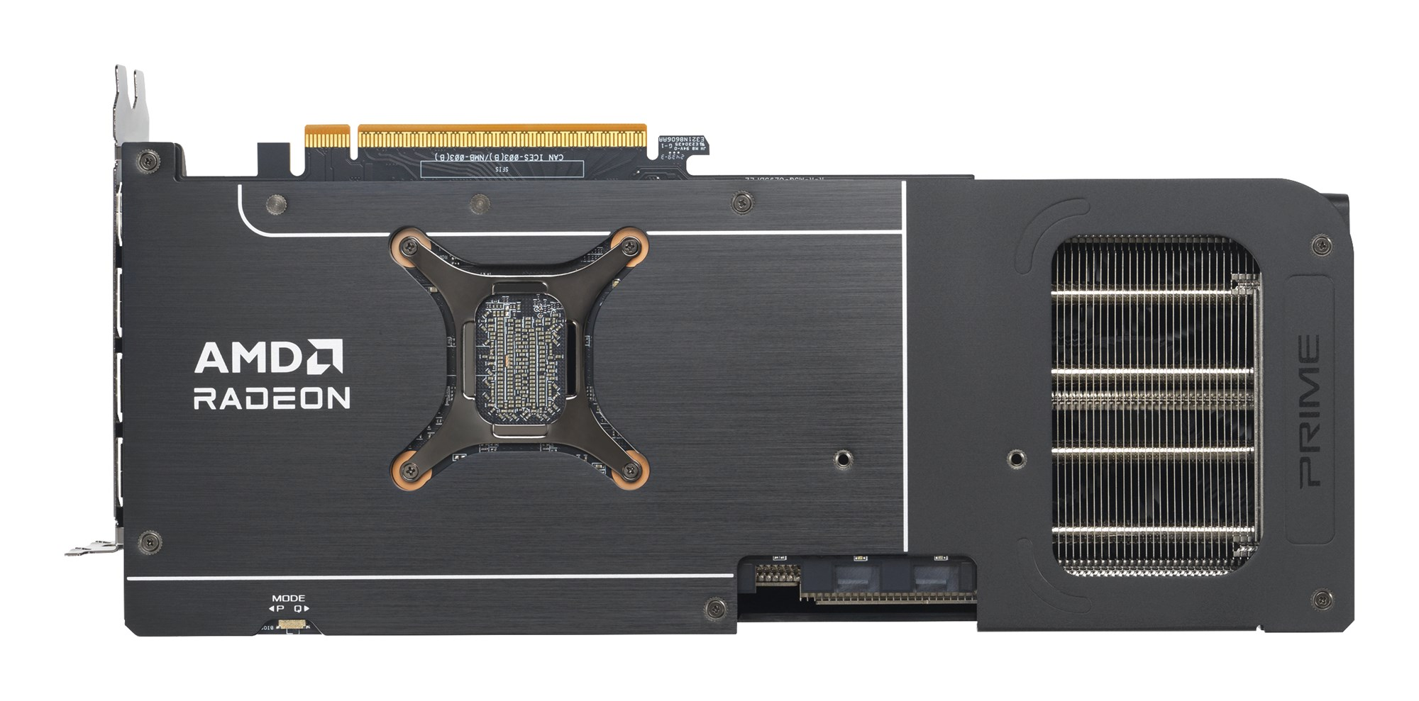 Parte trasera de una tarjeta gráfica negra AMD Radeon Prime con logotipo blanco y aletas de refrigeración.