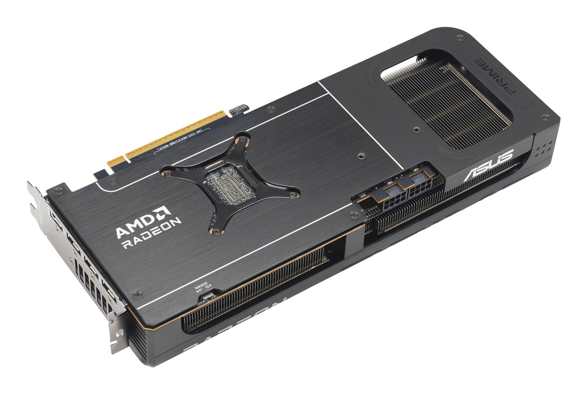 Tarjeta gráfica negra ASUS Prime AMD Radeon con placa trasera de metal y aletas de refrigeración.