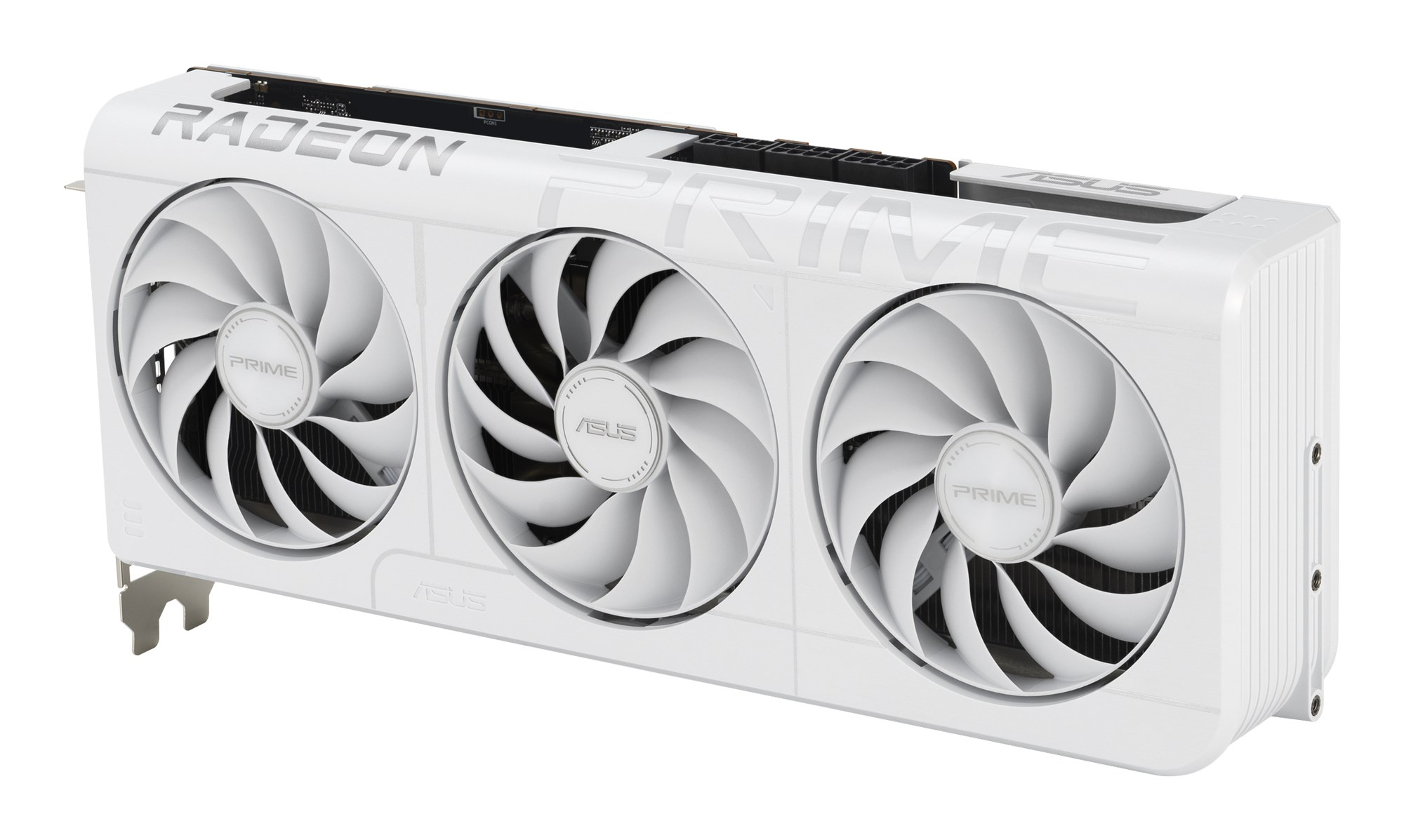 Una tarjeta gráfica Asus Radeon blanca con tres ventiladores sobre fondo blanco.