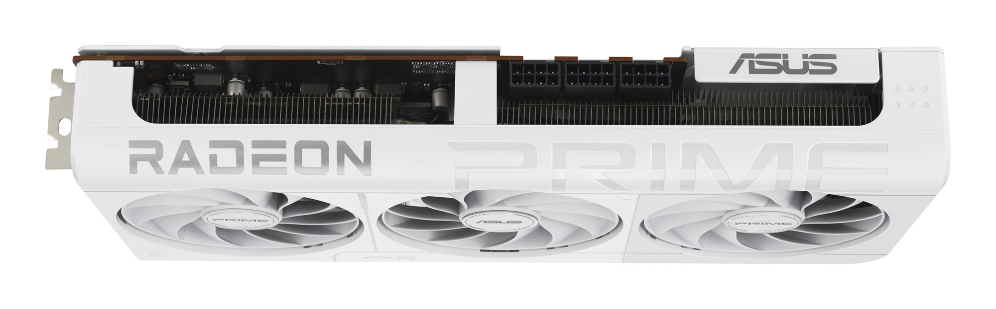 Tarjeta gráfica blanca ASUS Prime Radeon con tres ventiladores y logotipos.