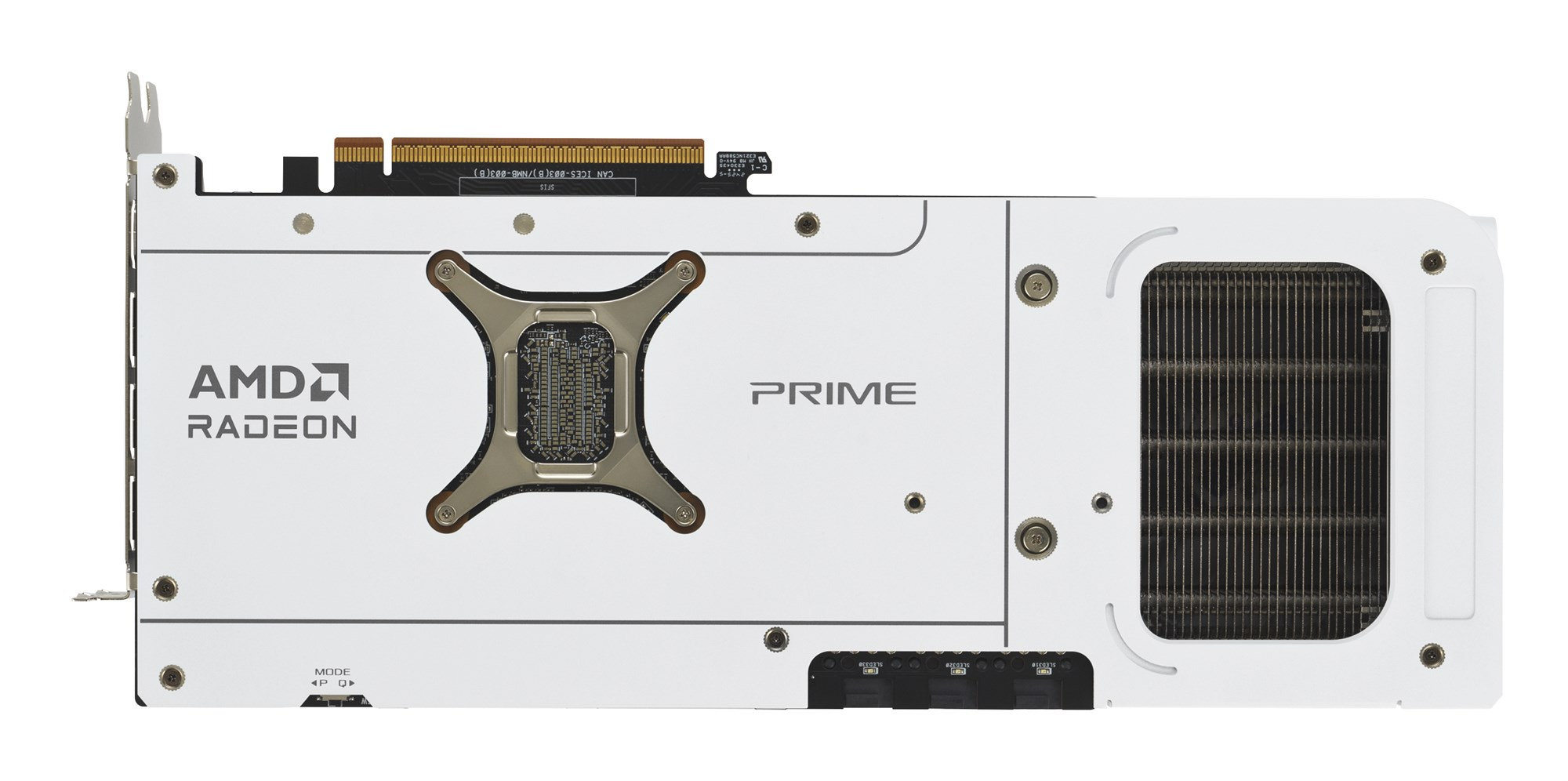 Tarjeta gráfica blanca AMD Radeon PRIME con un disipador negro sobre fondo blanco.