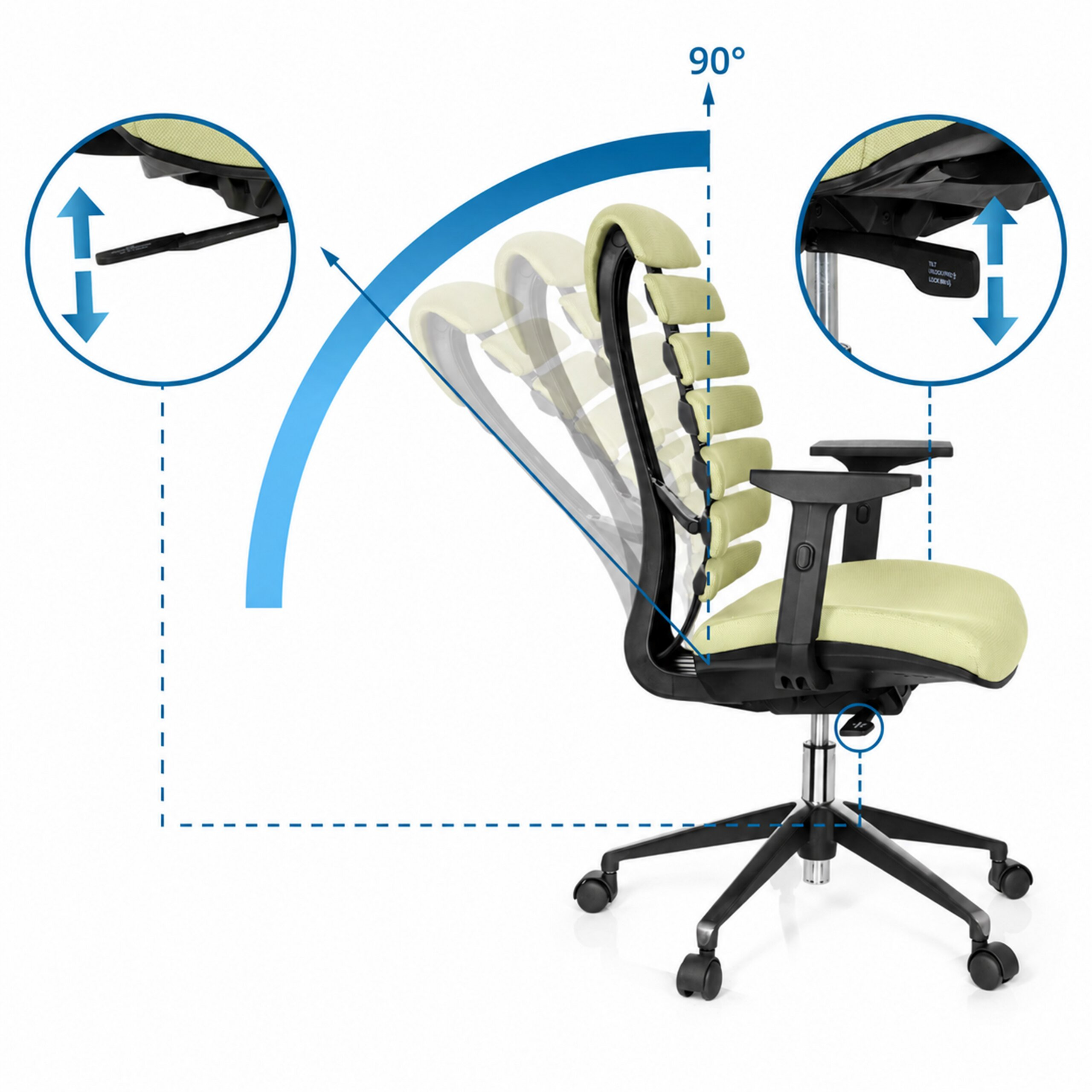 Ergonomischer Stuhl mit 90-Grad-Neigungsfunktion und zwei vergrößerten Details der Verstellhebel auf weißem Hintergrund.