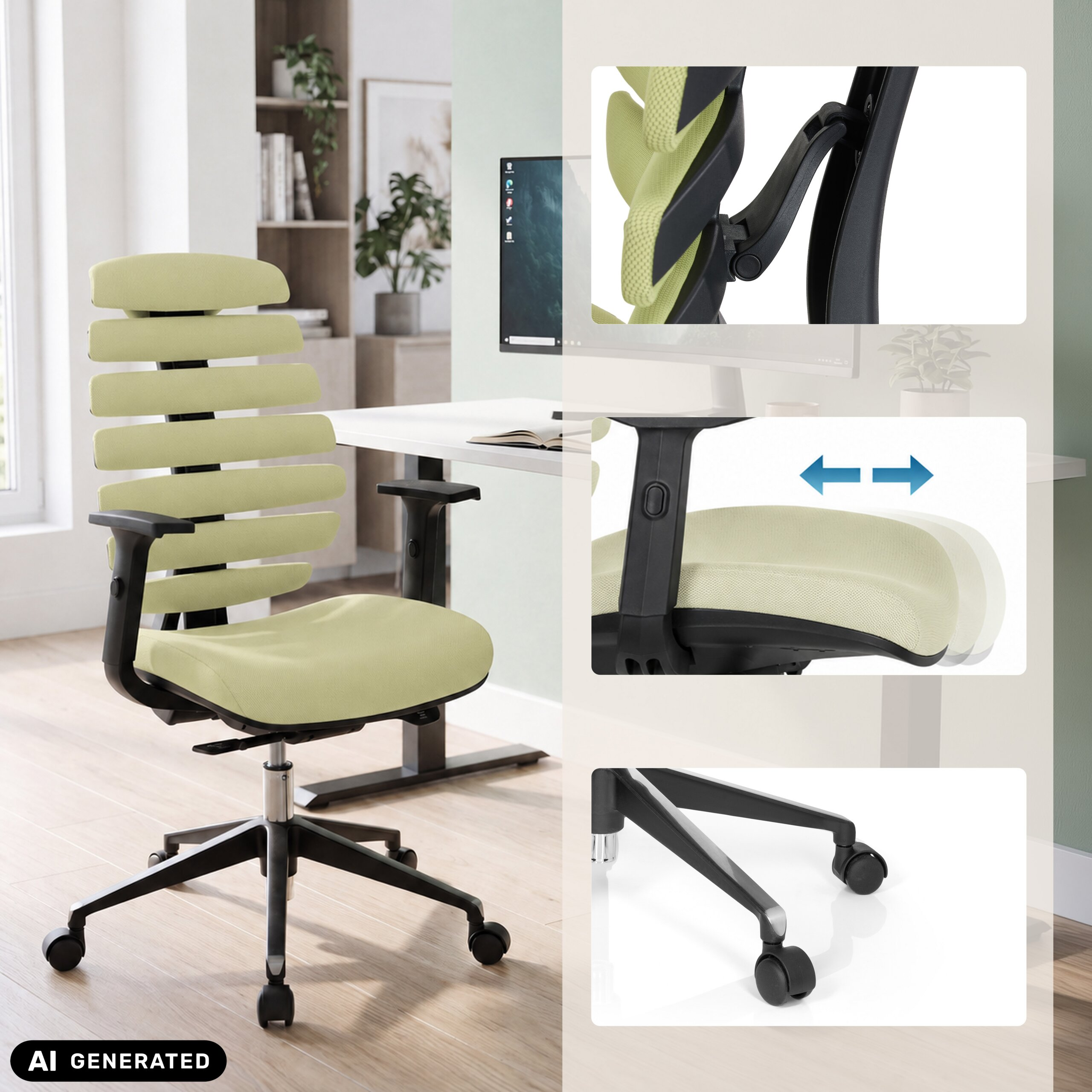Grüner ergonomischer Buerostuhl mit Details zu Rueckenlehne, Sitzverstellung und Rollen.