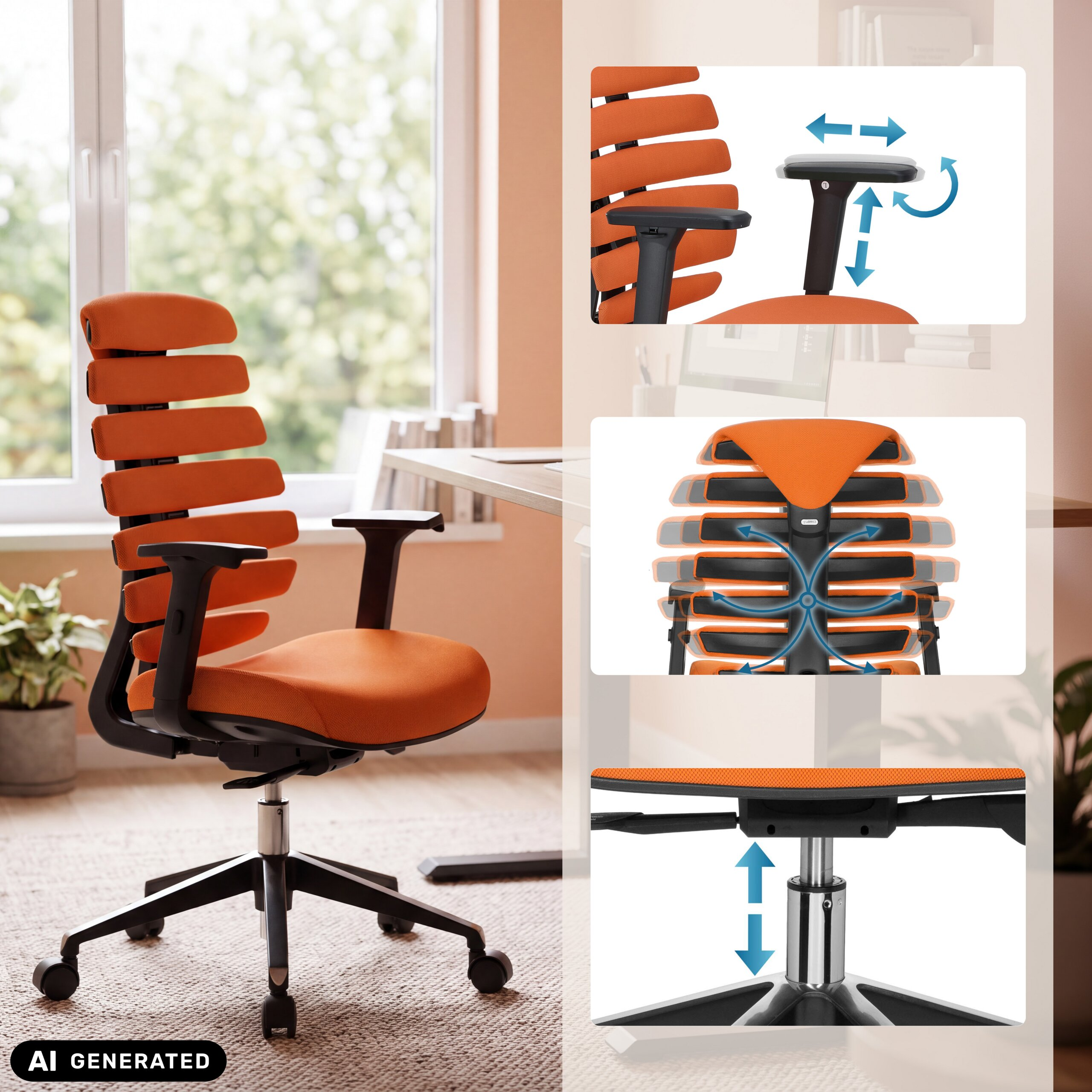 Ein orangefarbener ergonomischer Bürostuhl mit schwarzem Gestell und Insets, die verstellbare Funktionen zeigen.