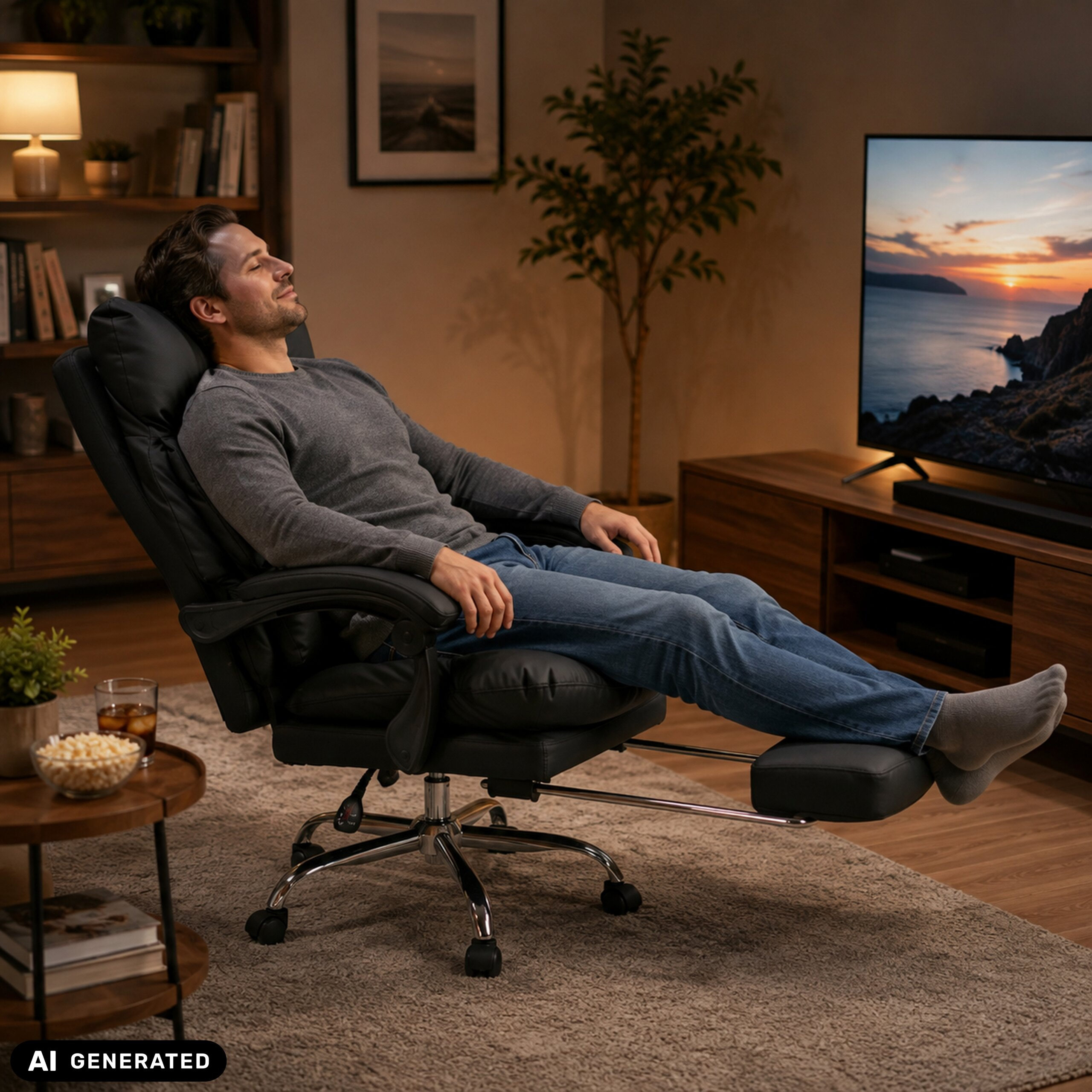 Ein Mann sitzt entspannt in einem schwarzen Ledersessel mit Fußstütze vor einem großen Fernseher mit Meeresblick.