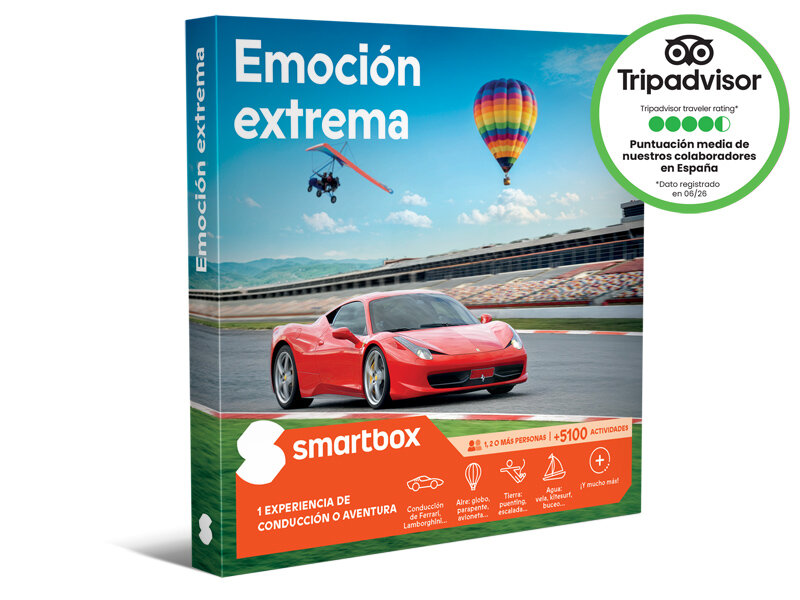 Caja Smartbox "Emoción extrema" con un coche deportivo rojo, globo aerostático y ala delta en un circuito.