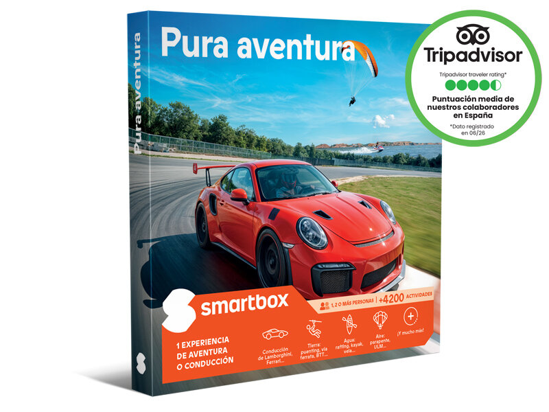 Caja Smartbox con un coche deportivo rojo, un parapente en el cielo y valoración de TripAdvisor.