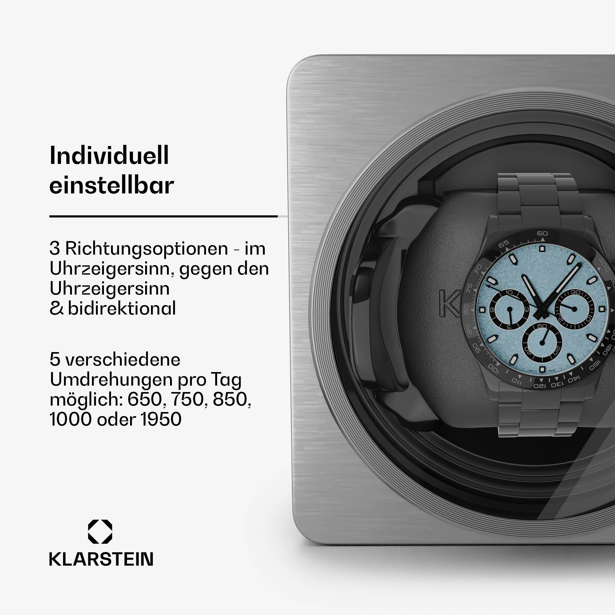 Eine Edelstahl-Uhrenbeweger mit schwarzer Uhr auf hellem Hintergrund und deutschsprachigem Text.