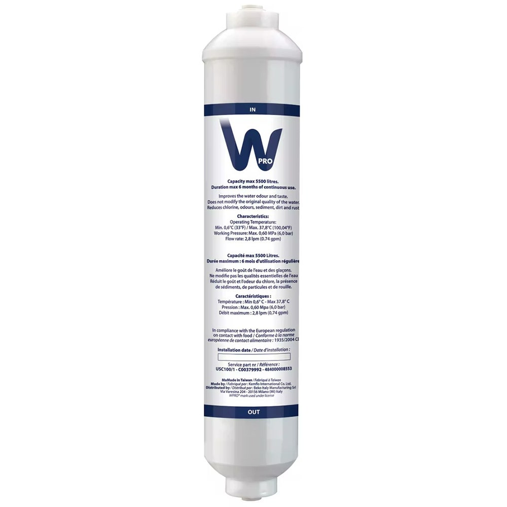 Weiße Wpro-Wasserfilterpatrone mit blauem Logo und Spezifikationstext auf schlichtem weißem Hintergrund.