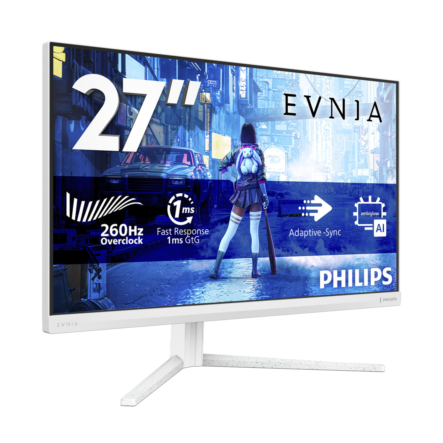 Un monitor da gioco Philips Evnia bianco da 27 pollici mostra una scena di gioco con testi e icone.