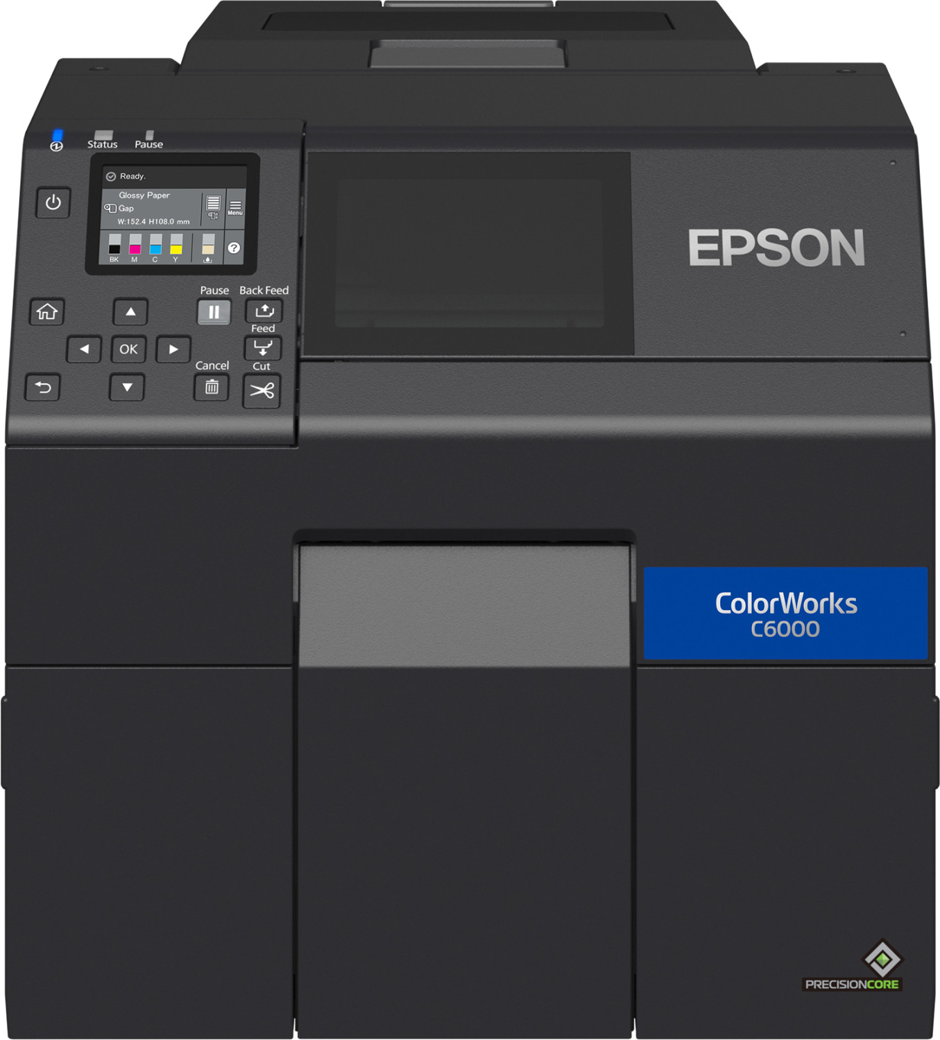 A black Epson ColorWorks C6000 label printer with a control panel, screen, and blue accent badge.
