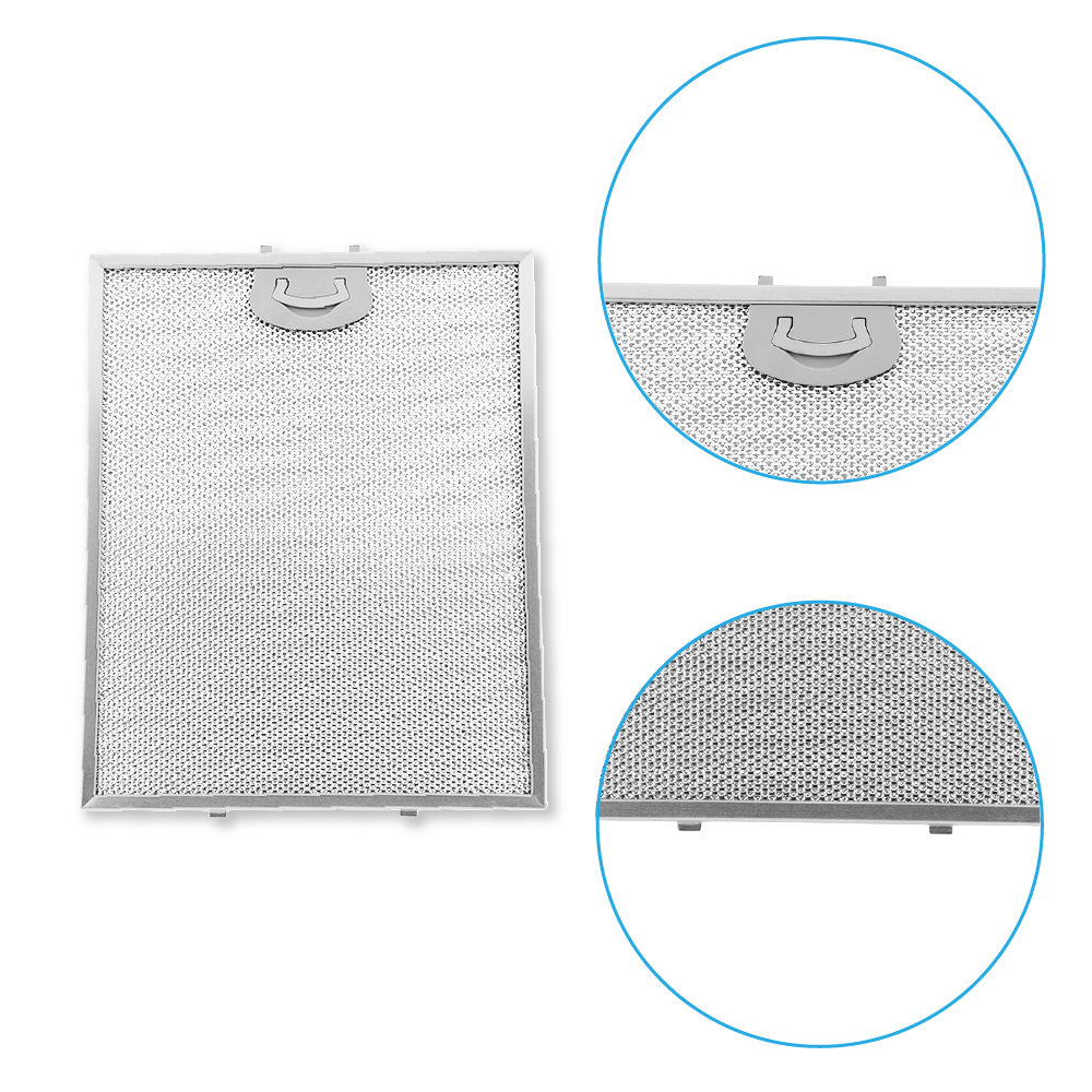 Rechteckiger Metallfilter mit feinem Gitter und grauem Kunststoffgriff, Detailausschnitte oben und unten.