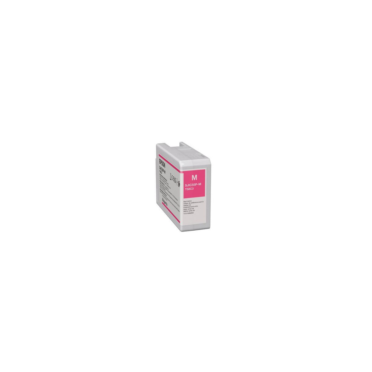 Un cartucho de tinta Epson blanco con detalles en magenta sobre fondo blanco.