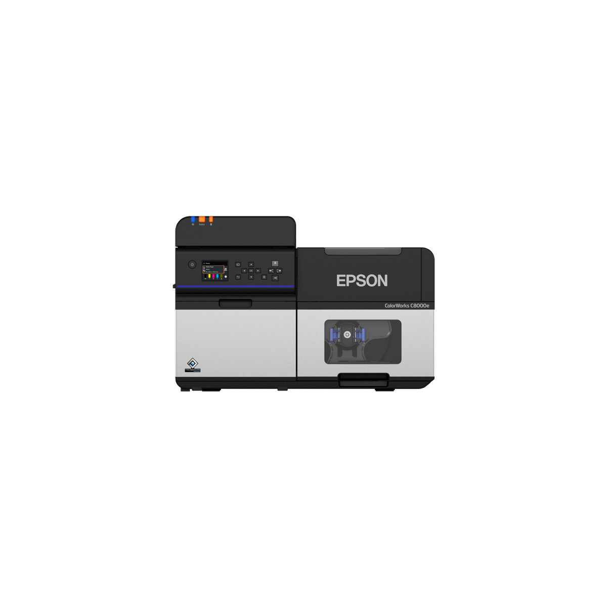 Una moderna stampante per etichette Epson ColorWorks C8000e in nero e argento su sfondo bianco.