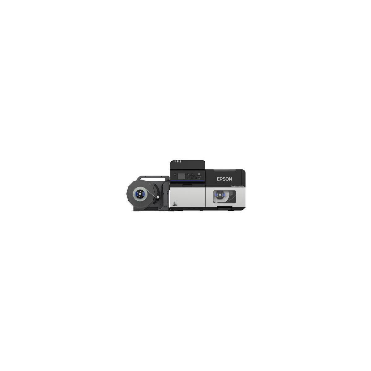 Una stampante per etichette Epson grigia con un grande rotolo di etichette integrato su sfondo bianco.