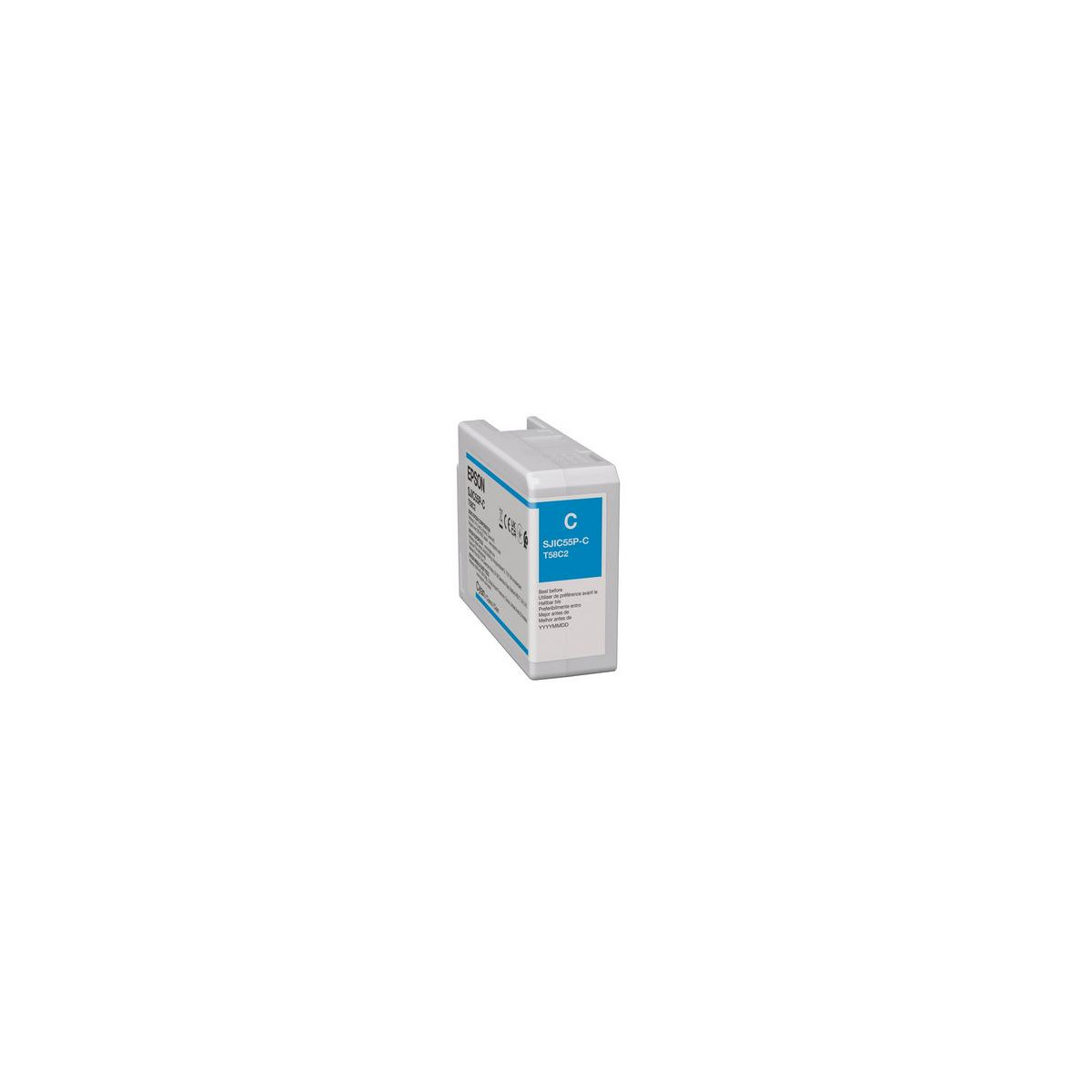 Un cartucho de tinta Epson blanco con etiqueta azul y número de modelo SJIC55P-C sobre fondo blanco.