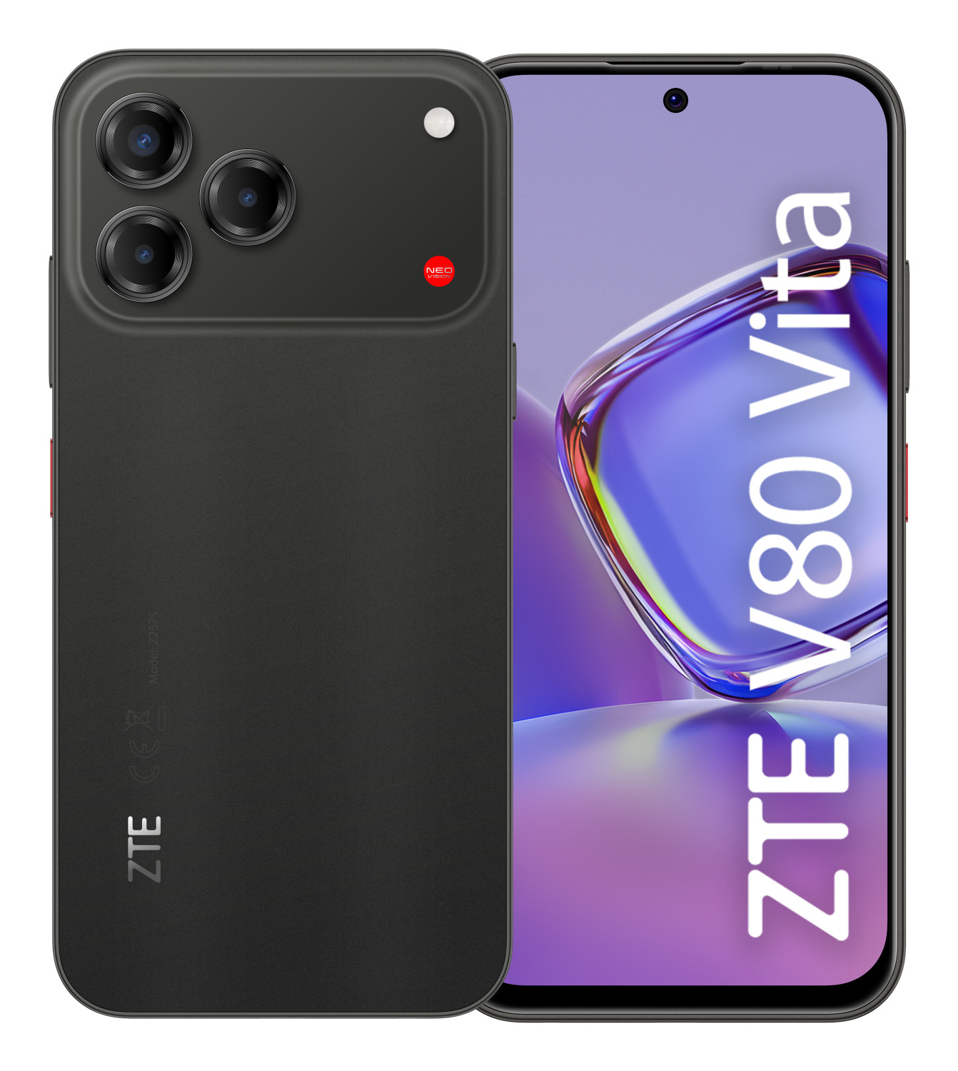 Front- und Rückansicht eines schwarzen ZTE V80 Vita Smartphones mit dreifacher Kameraparade und Displaygrafik.