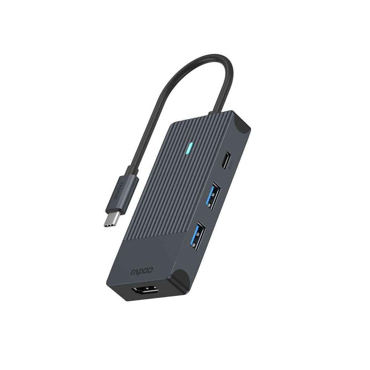 Dunkelgrauer USB-C-Hub mit mehreren Anschlüssen, integriertem Kabel und Rapoo-Logo auf weißem Hintergrund.