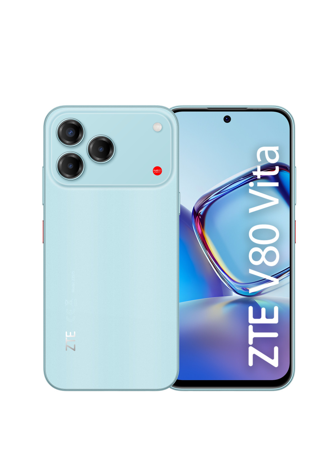 Dwa jasnoniebieskie smartfony ZTE V80 Vita pokazują tył i ekran.