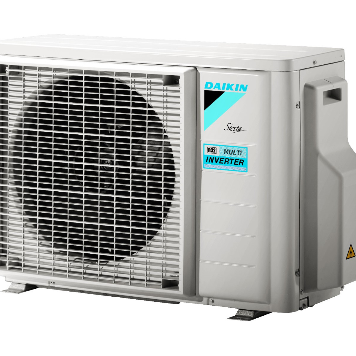 Unità esterna per condizionatore d'aria bianco Daikin Siesta Multi Inverter su sfondo bianco.