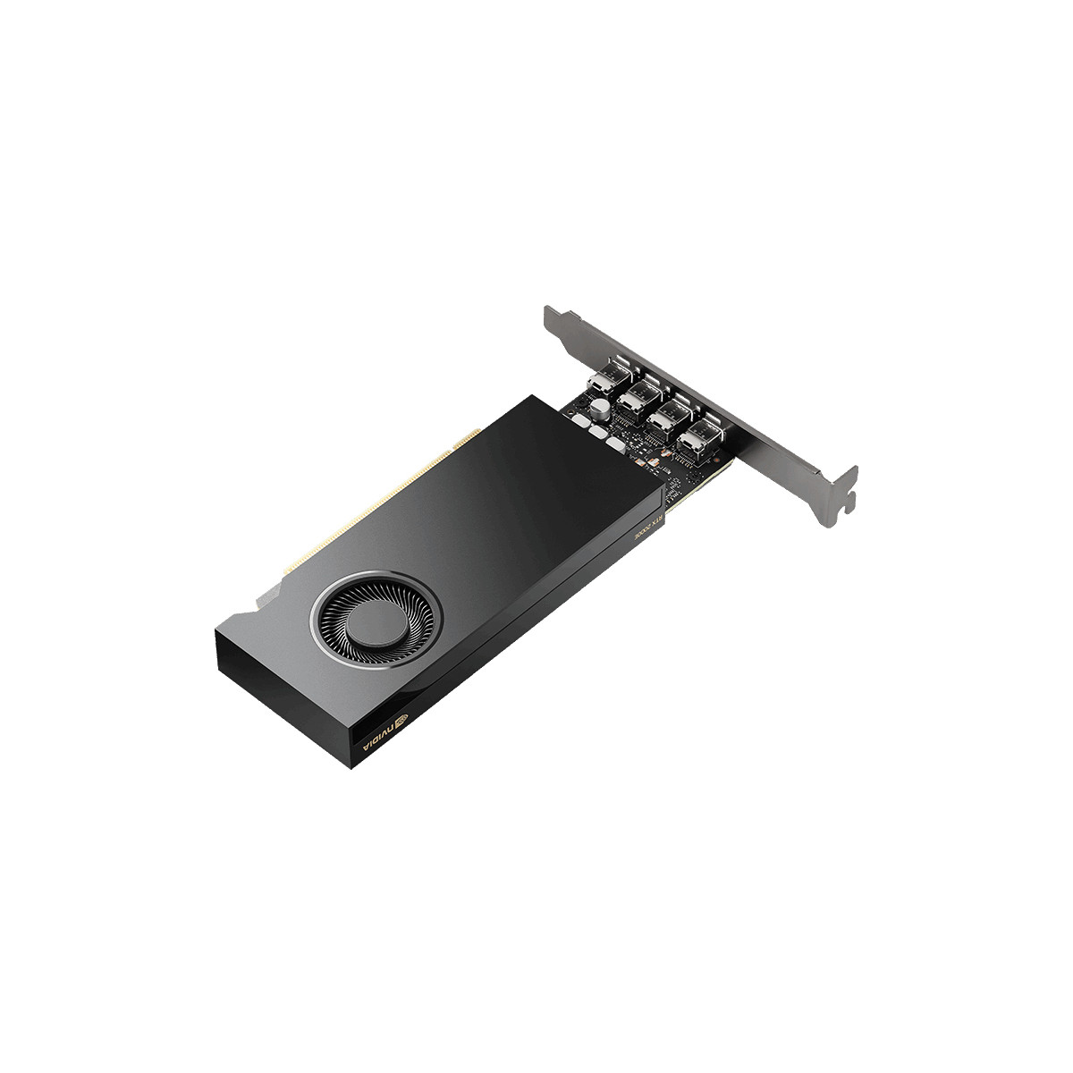 Una scheda grafica nera Nvidia RTX con una singola ventola rotonda e quattro porte su sfondo bianco.