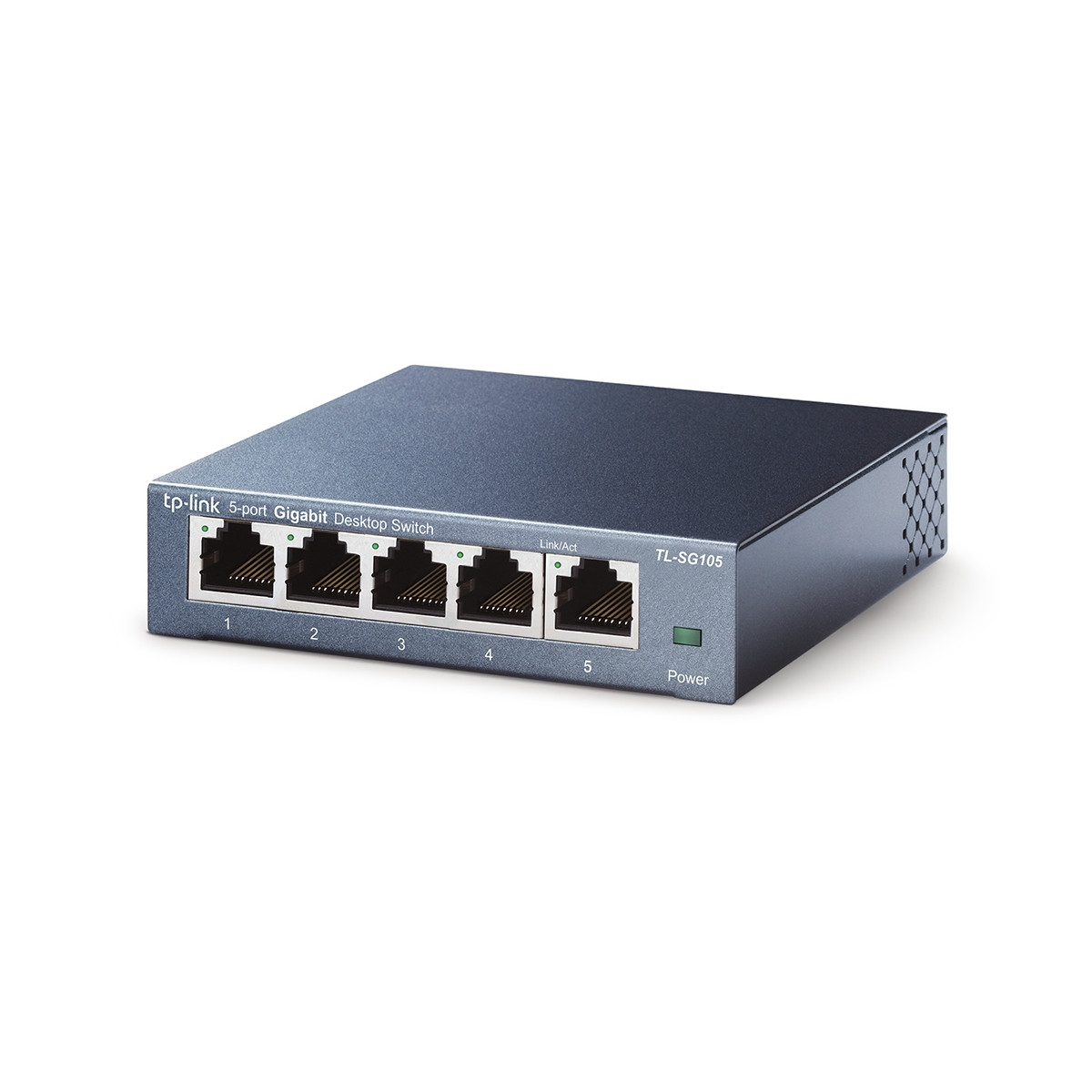 Ein grauer TP-Link 5-Port Gigabit Desktop Switch mit fünf Ethernet-Anschlüssen und einer Power-LED vor weißem Hintergrund.