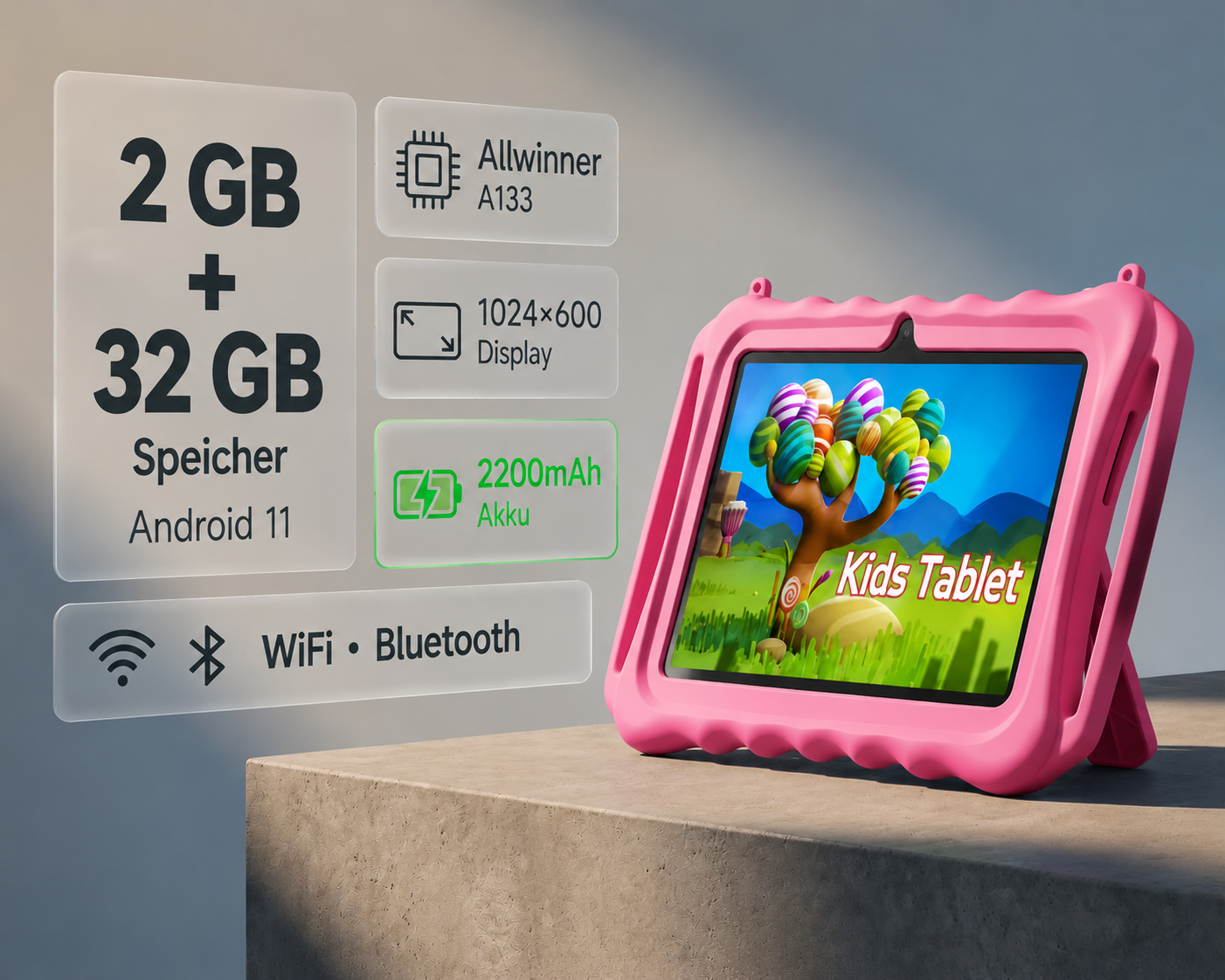 Ein pinkes Kindertablet auf grauem Untergrund mit technischen Daten im Hintergrund.