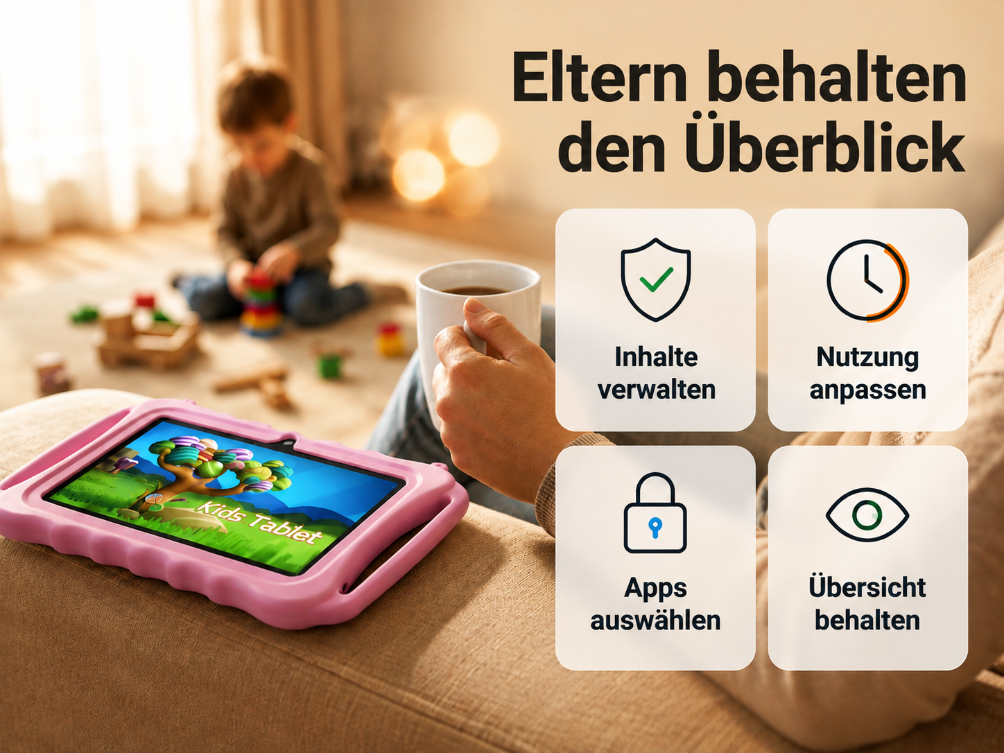Ein rosafarbenes Kinder-Tablet auf einem Sofa, während ein Elternteil eine Tasse hält und vier Symbole Kindersicherungsfunktionen zeigen.