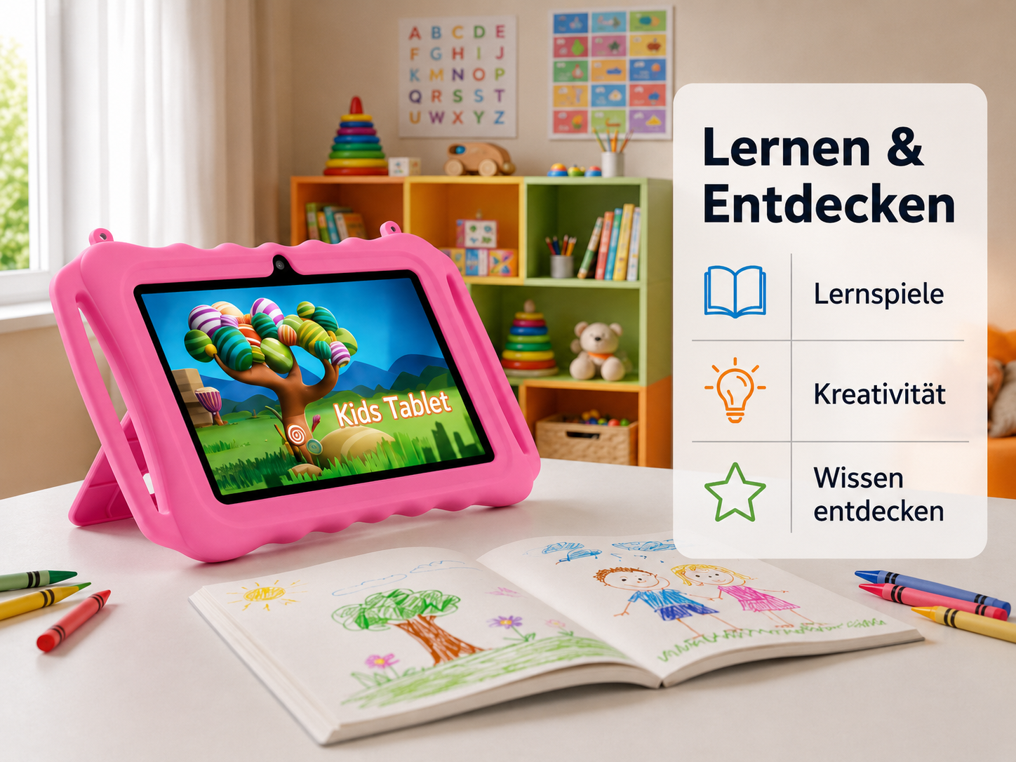 Rosa Kinder-Tablet mit Lern-Grafik auf dem Bildschirm, stehend auf einem Tisch neben einem offenen Malbuch und Wachsmalstiften.