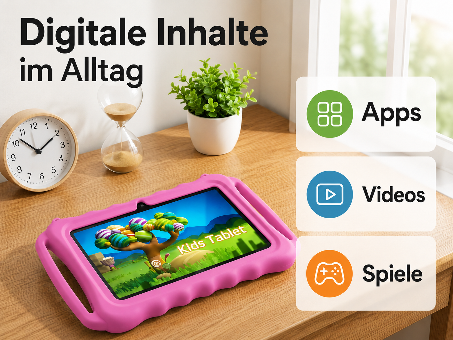 Ein pinkes Kindertablet auf einem Holztisch mit Uhr, Sanduhr, Pflanze und App-Symbolen.