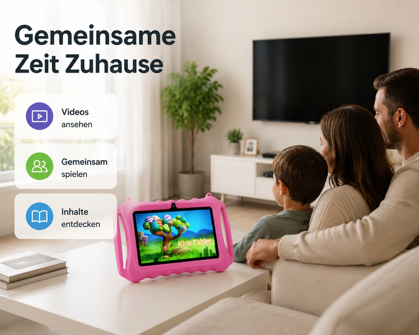 Eine Familie sitzt auf einer Couch und sieht fern, während im Vordergrund ein pinkes Tablet auf einem Tisch steht.