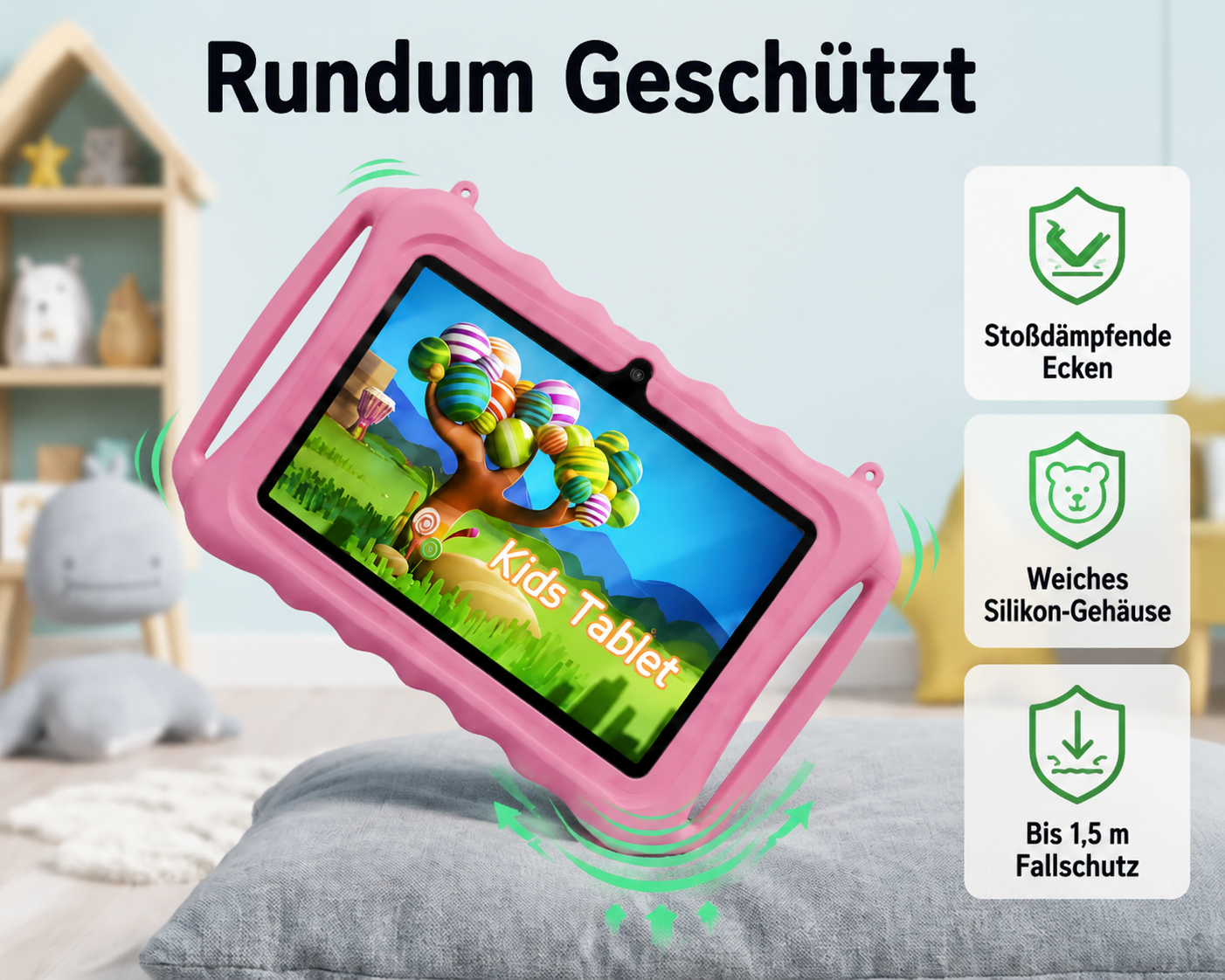 Rosa Kinder-Tablet mit Silikonhülle auf Kissen in einem Kinderzimmer.