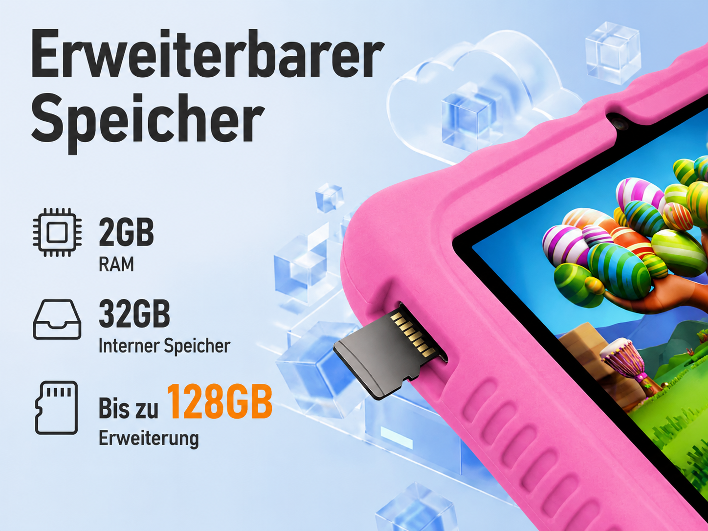 Pinkes Kinder-Tablet mit SD-Karte, 2GB RAM und 128GB Speichererweiterung auf blauem Hintergrund.