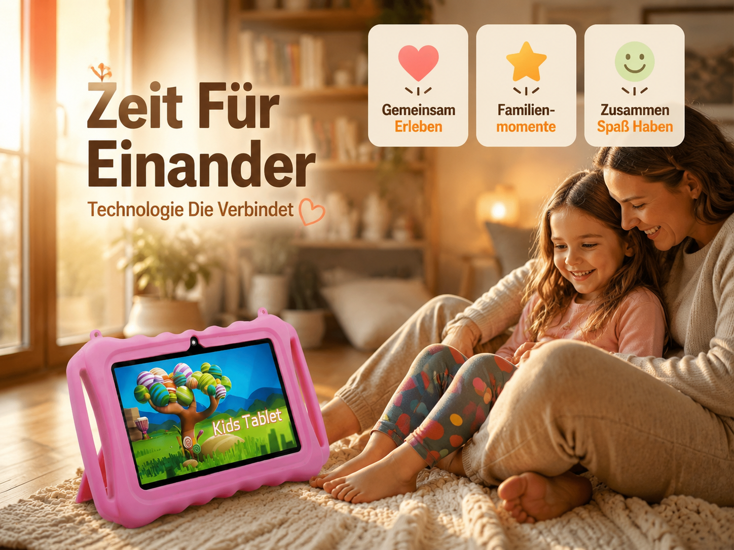 Mutter und Kind nutzen zusammen ein pinkes Kinder-Tablet auf einem Teppich.