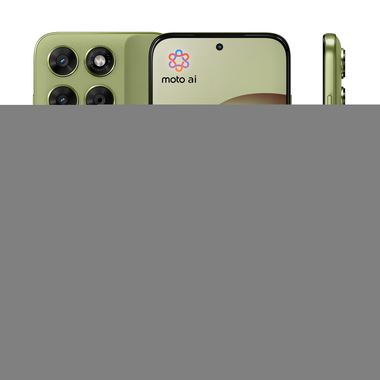 Smartphone verde con quattro fotocamere sul retro e schermo con logo 'moto ai'.