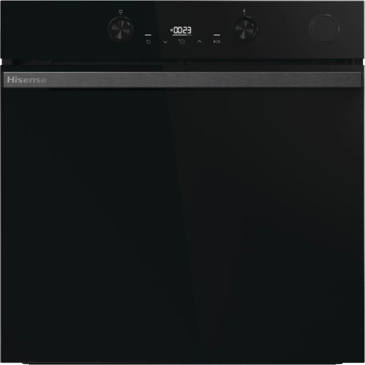 Un moderno forno da incasso Hisense nero con manopole, comandi touch, display digitale e maniglia metallica.