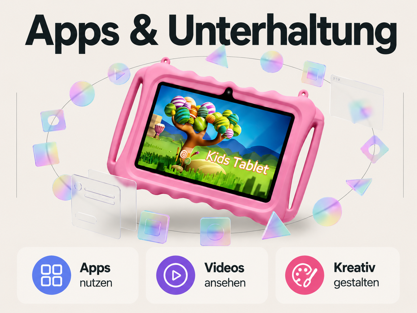 Rosa Kinder-Tablet umgeben von schwebenden Symbolen mit Text für Apps, Videos und Kreativität.
