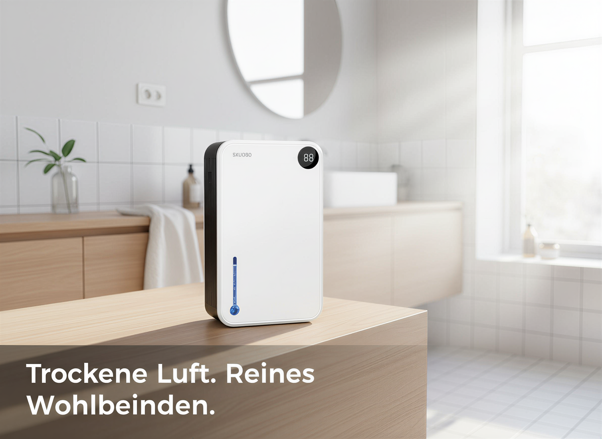 Ein weißer Luftentfeuchter steht auf einer Holzoberfläche in einem hellen Badezimmer mit Text darüber.