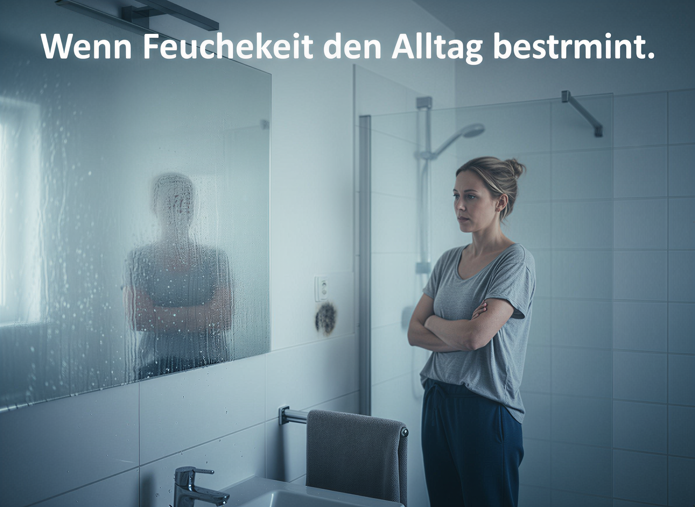 Eine Frau steht in einem Badezimmer vor einem beschlagenen Spiegel mit Text.