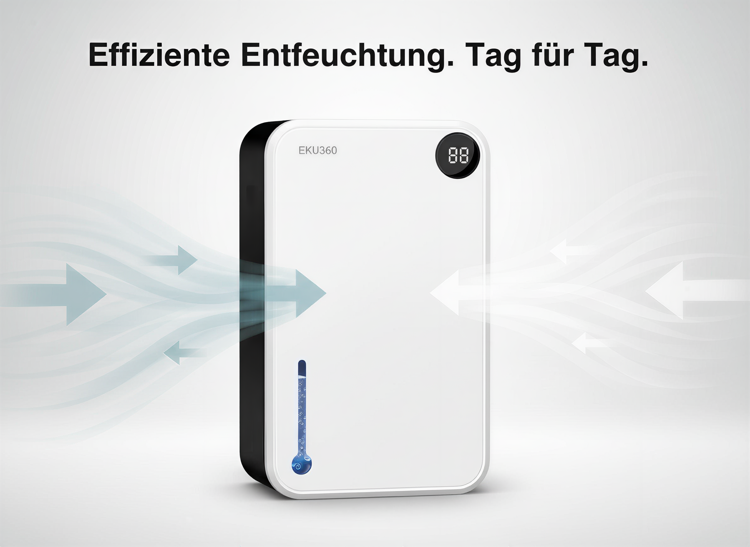 Ein weiß-schwarzer Luftentfeuchter mit digitalem Display steht vor weißem Hintergrund mit blauen Luftstrompfeilen.