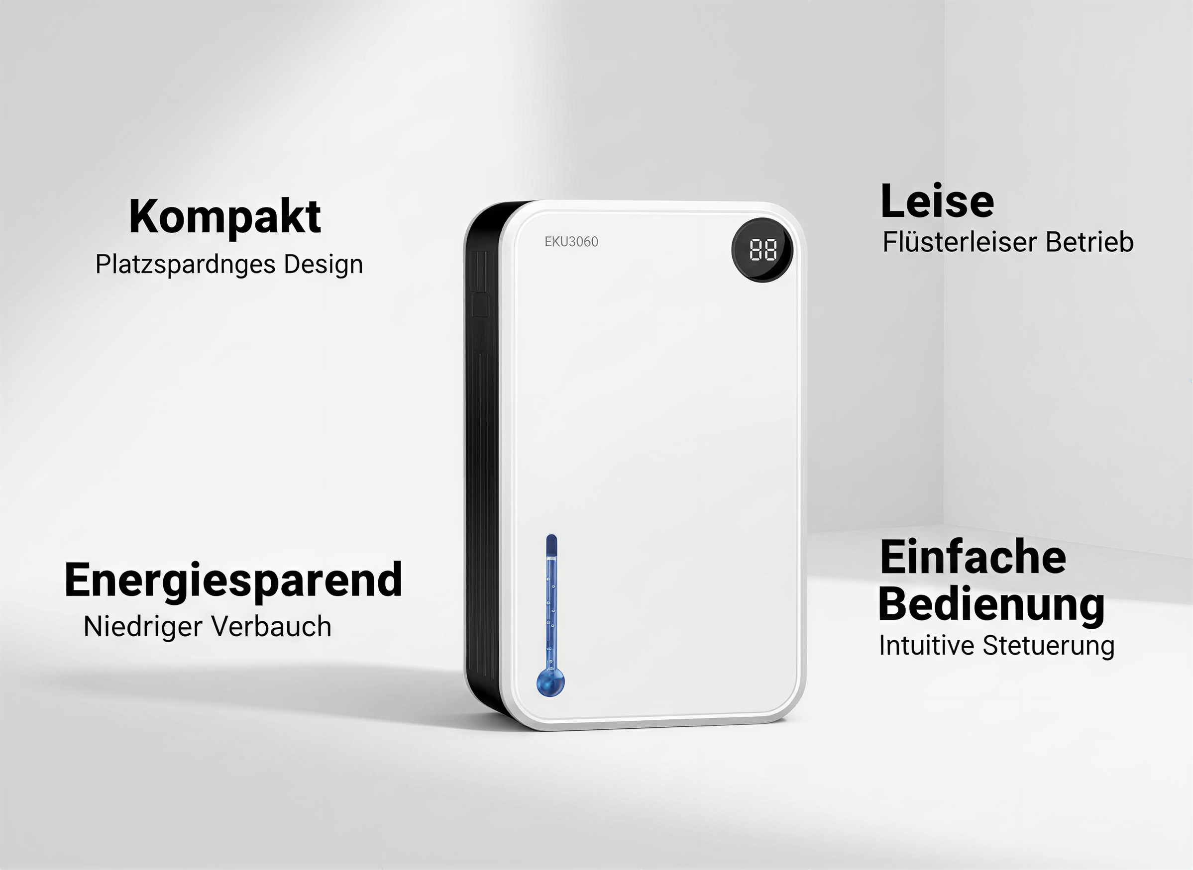 Weißes elektronisches Gerät mit schwarzem Rand und digitaler Anzeige, umgeben von Text auf weißem Hintergrund.