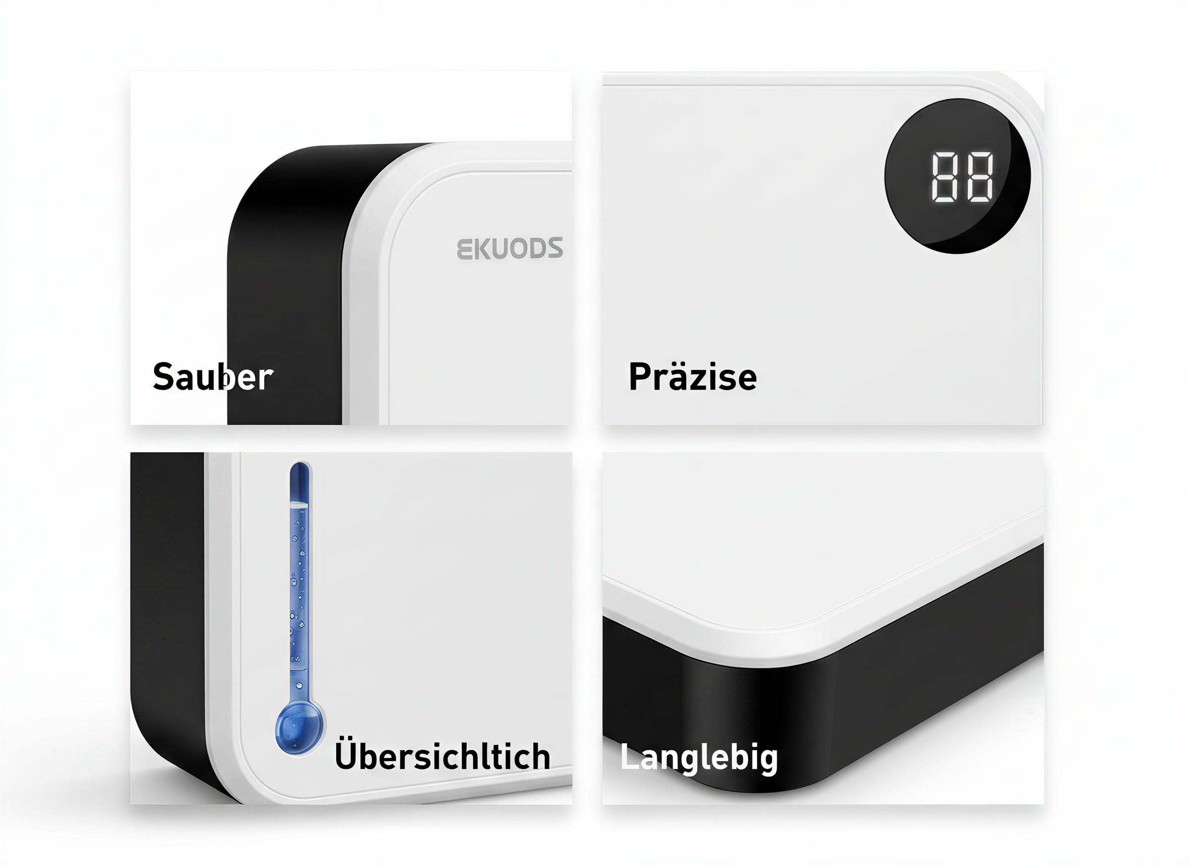 Vier Detailansichten des Geräts mit den deutschen Wörtern Sauber, Präzise, Übersichtlich und Langlebig.